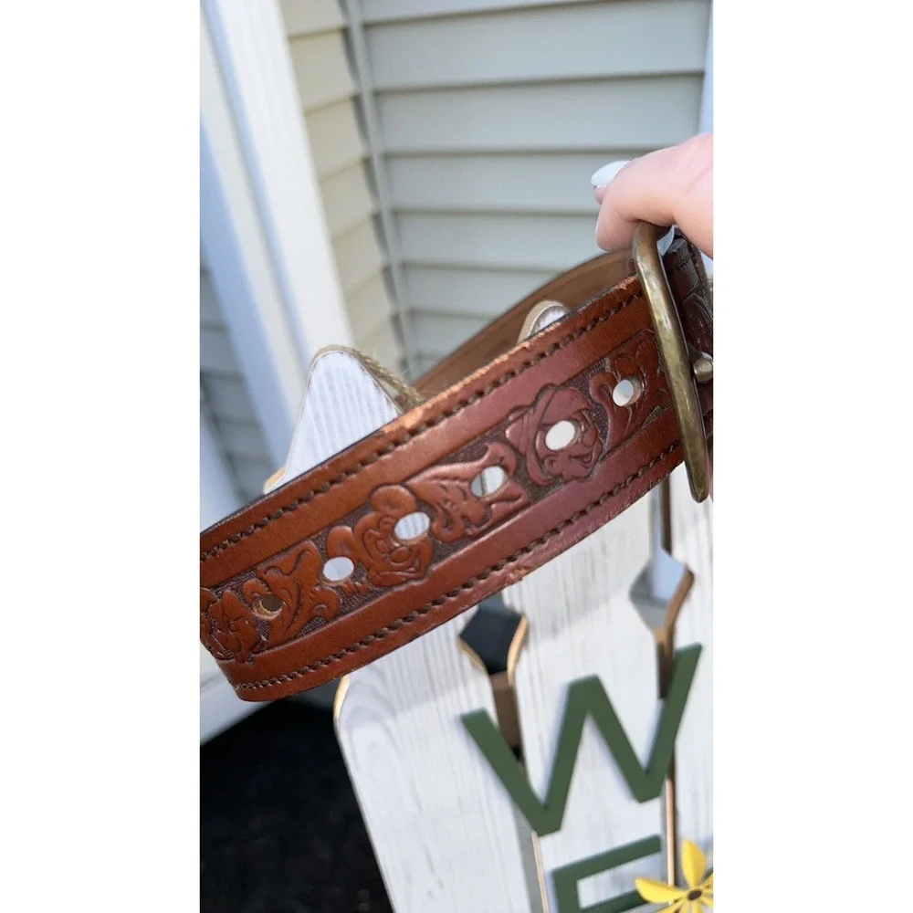 Tooled Leather Belt Brown Disneyland Western‎ Style Brass Buckle 1960 VTG